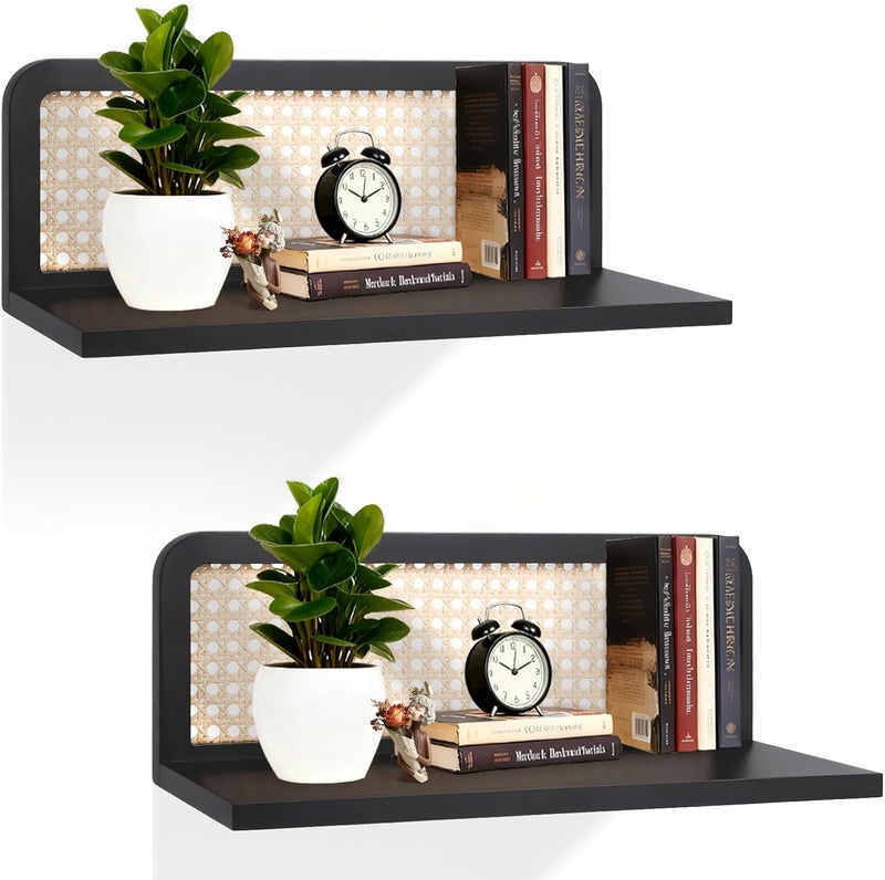 WHEARTED Floating Shelves Bathroom Wall Shelf, Wood Floating Book Shelves for Wall, Black Shelves for Living Room Bedroom Kitchen, Rattan Shelf, Nursery Book Shelves for Room, Set of 2 - Image 1